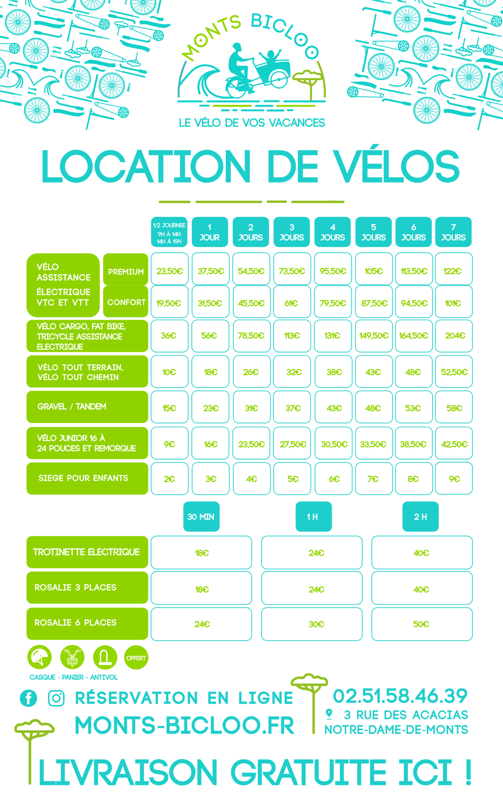 Tarifs location de vélos Notre Dame de Monts par Monts Bicloo en 2026